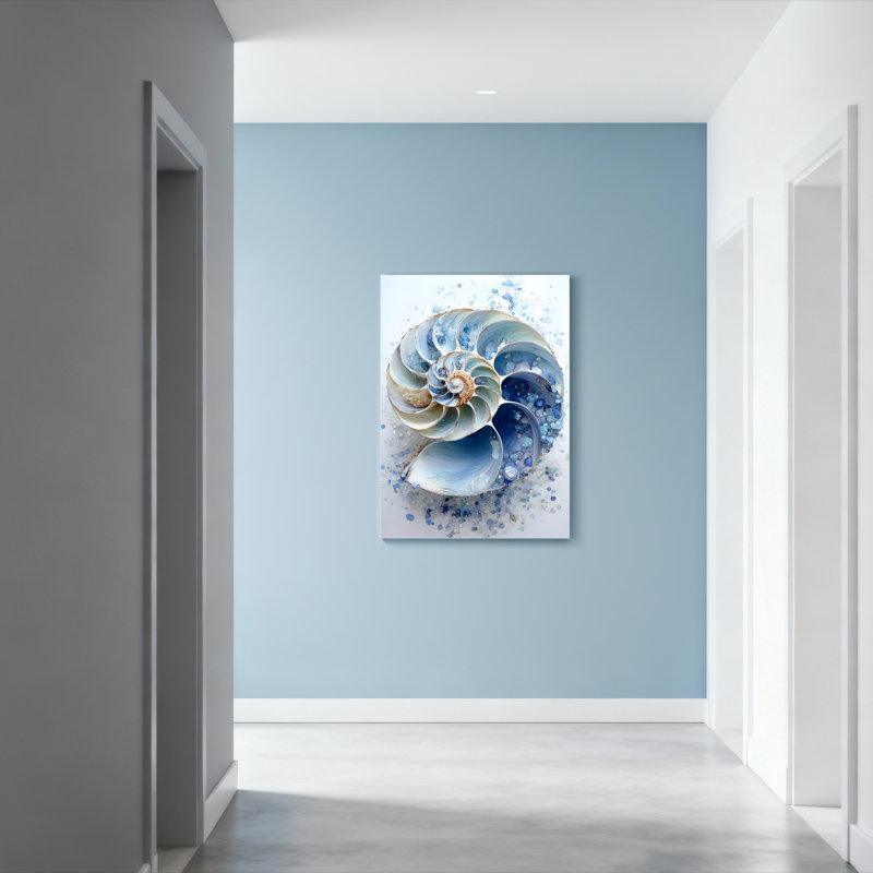 Ensemble de 1 tableau abstrait en toile bleue océan, représentant un coquillage de nautile, H 18 po x l 12 po