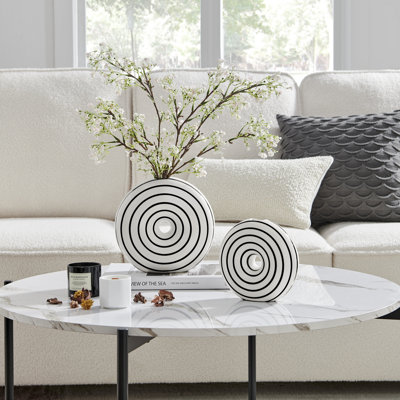 Etta Two Piece Glossy Ceramic White Striped Round Hollow Circle Donut Vase Set