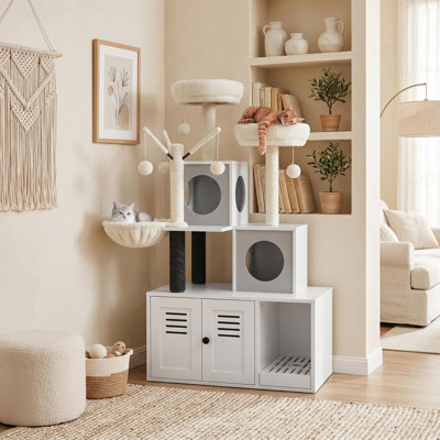 Enceinte moderne 2-en-1 avec tour pour chat et poteaux à griffer pour chats