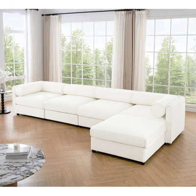 Canapé modulaire modulaire avec rangement, dossier cylindrique et accoudoirs, siège profond, confortable et durable pour le salon, canapé en L à 4 places, blanc