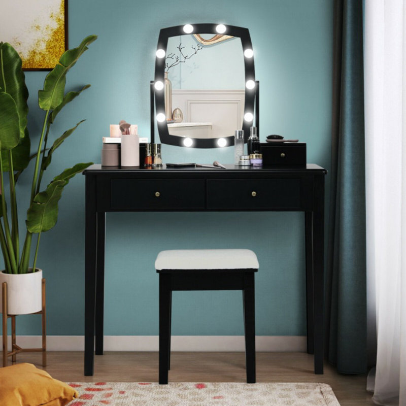 Ensemble de coiffeuse avec miroir lumineux pour chambre à coucher et vestiaire, Noir
