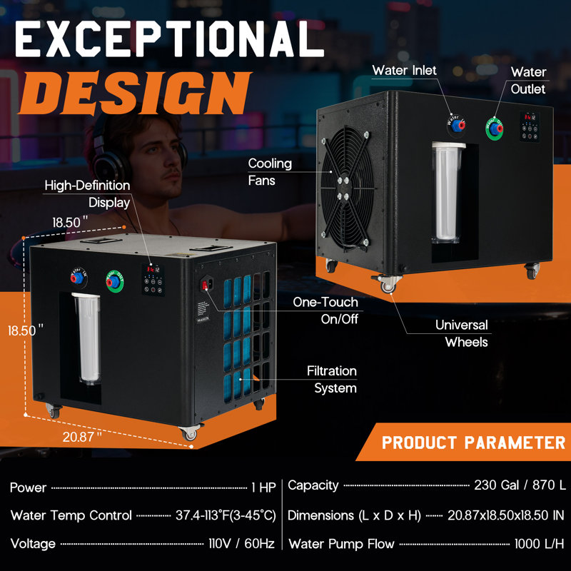 Ottusso 1HP Cold Plunge Water Chiller for Up to 230 Gallons, Hot & Cold Modes, WiFi Control, Built-In Filter & Ozone System