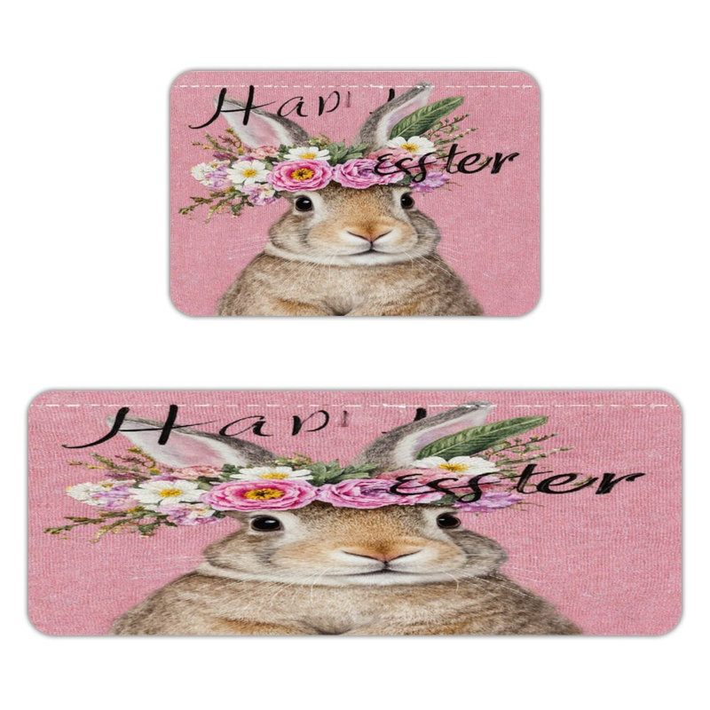 Tapis de cuisine antidérapant à motif floral avec lapin de Pâques, 2 pièces, Lapin de Pâques rose / gris à motif floral