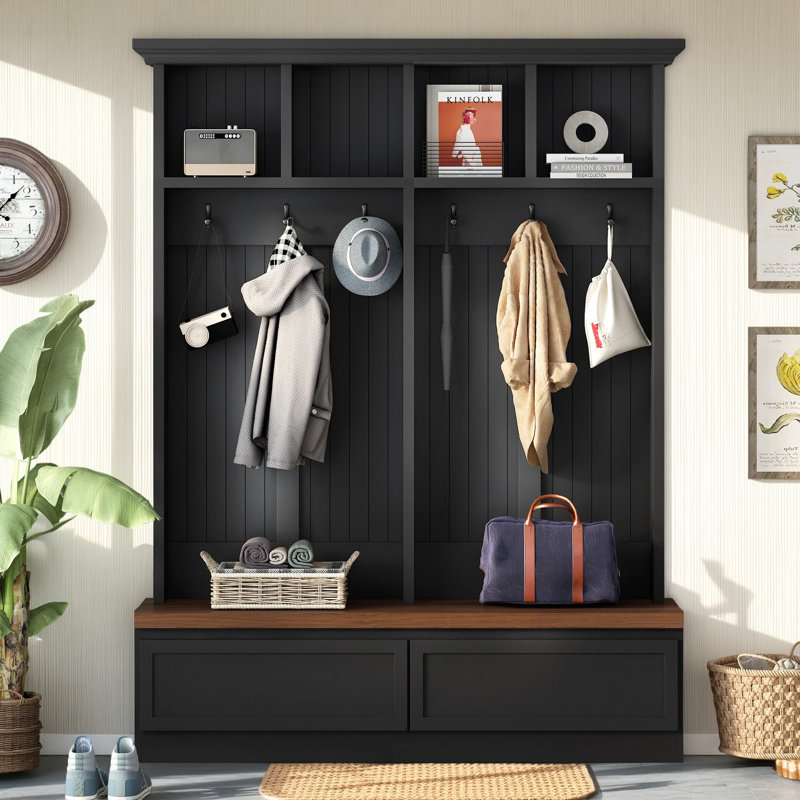 4-in-1 Hall Tree with Wood-Grain Bench & 2 Large Drawers — Mudroom Entryway Organizer with Hooks, Open Cubbies & Anti-Tip Safety, Black Farmhouse Coat Rack