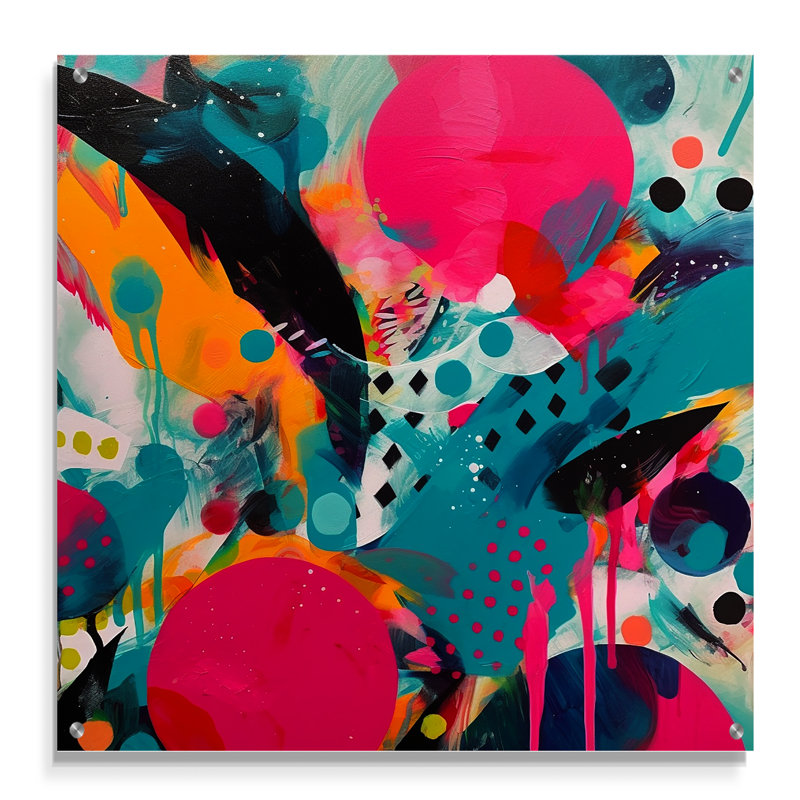Kwenton - Art mural abstrait en acrylique abstrait rose et turquoise, H 16 po x l 16 po