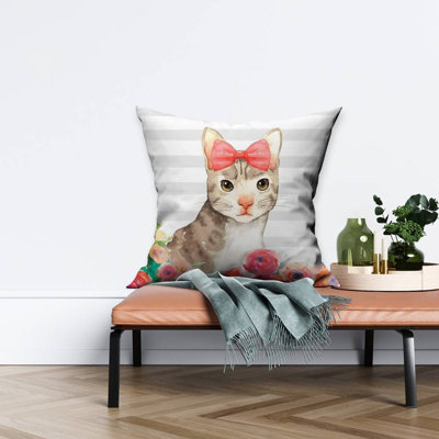 Small cat with flowers - 26"x26" Throw pillow - Poly twill - Print on demand