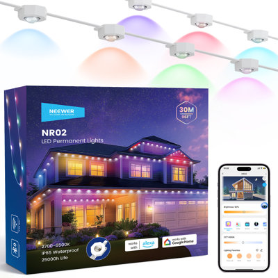 NEEWER 96Ft Éclairage extérieur permanent pour la décoration intérieure, Smart RGBCW extérieur Eaves Guirlande de Noël avec 60 lumières DEL Contrôle des applications 50+ Scènes IP65 imperméable, compatible avec Alexa, NR02
