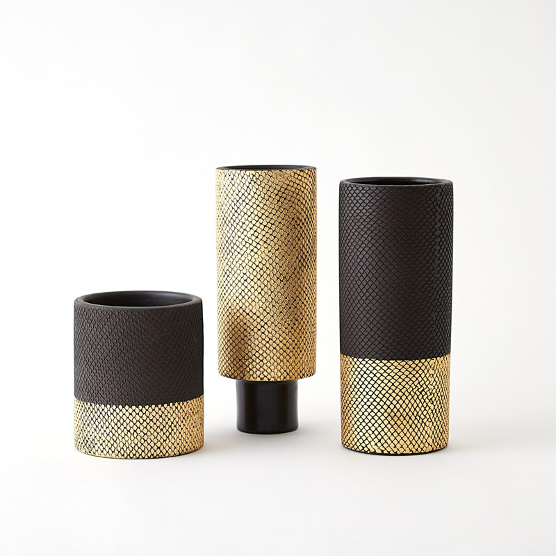 Java Vase-Matte Black/Gold Metallic-Sm, 8" H x 7" W x 7" D