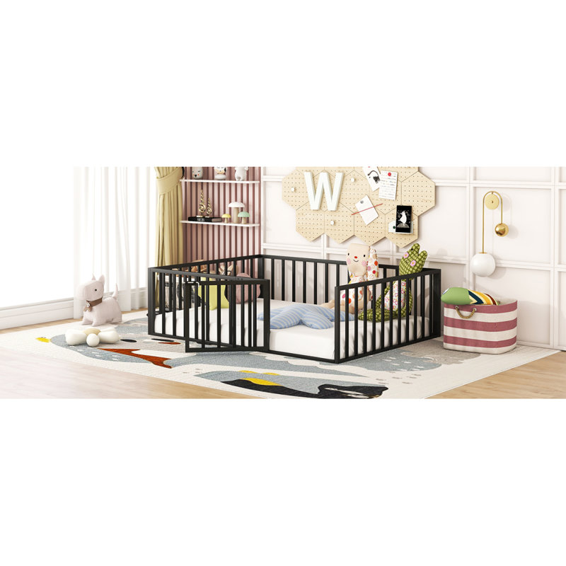 Cadre de lit grand format en métal avec clôture et porte, noir, Grand lit, Noir