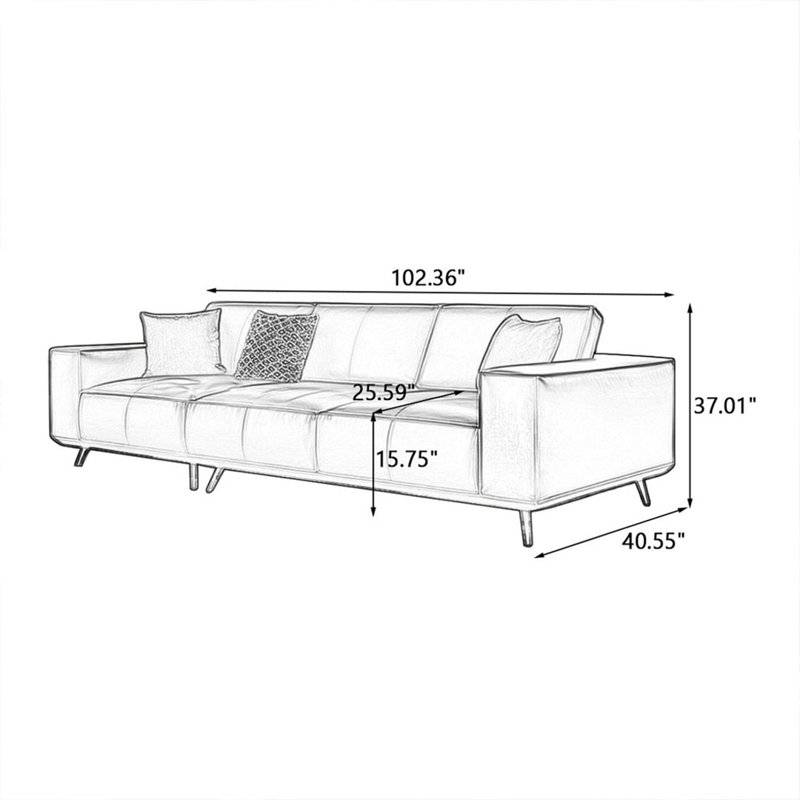 Canapé-lit modulable droit en cuir véritable orange avec coussins, H 37,01 po x L 102,36 po x l 40,55 po