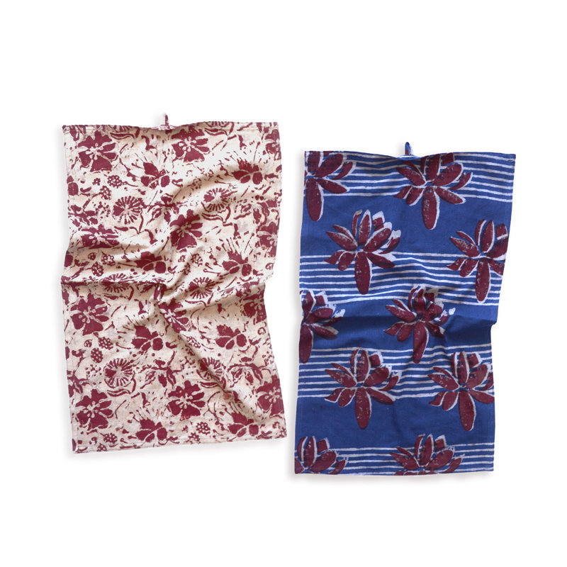 Organic Block Print Tea Towel Set - Bloom & Lotus