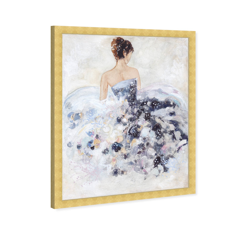 Splash for Tonight, Floral Dress Girl Modern - reproduction d'art murale encadrée pour la chambre à coucher, Or