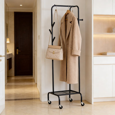 Freestanding Rolling Coat Rack With Storage Shelf And 6 Hooks - Hall Tree Entryway Organizer For Clothes, Hats, Bags, And Shoes
