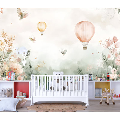 Papier peint aquarelle de montgolfières et papillons - Murale florale fantaisiste pour chambre d'enfant ou chambre de bébé
