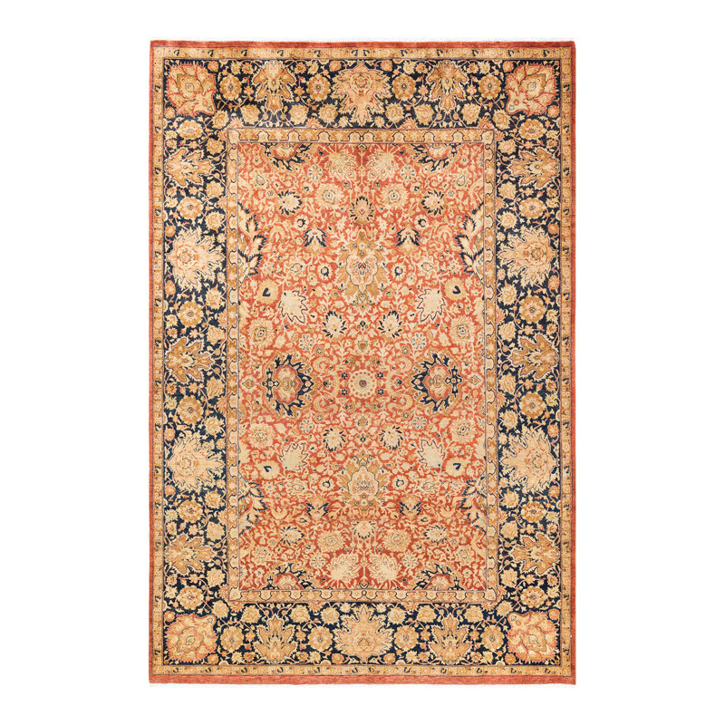 Tapis unique en laine noué à la main 5 pi 10 po x 8 pi 10 po nouvel âge Hayner - orange / ivoire / noir