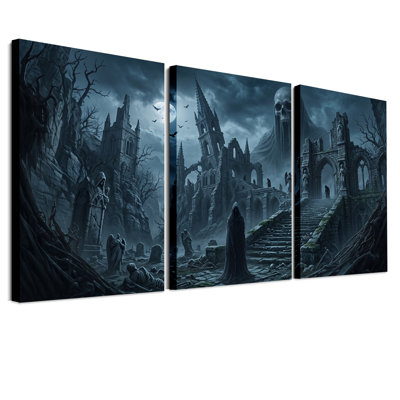 Ruines gothiques avec crâne géant et lune - Ensemble de 3 toiles murales pour l'Halloween