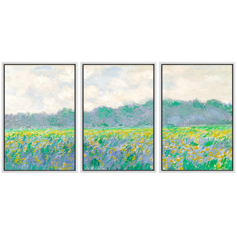 «Floral Bliss Vibrant Flower Field Under Cloudy Skies Nature Wilderness Illustration Decor», 3 pièces, Cadre blanc