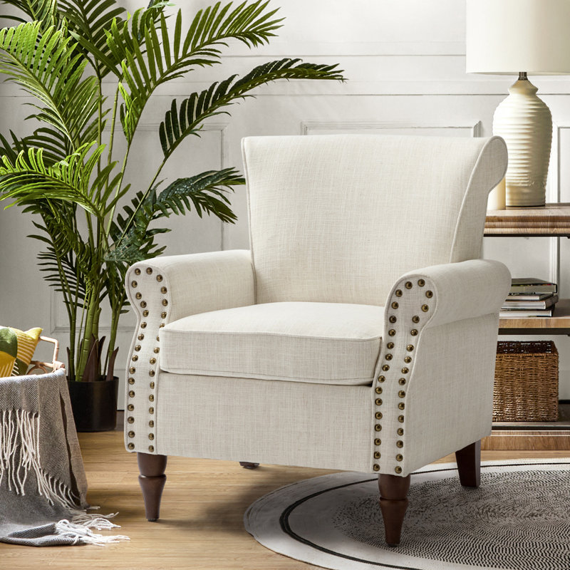 Zellig Traditional Wooden Upholstered Accent Chair, Ivory