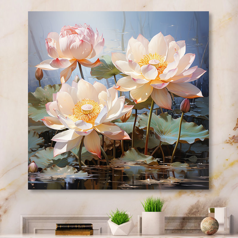 Impression romantique blanche et jaune sur lotus - impression sans cadre sur métal, H 16 po x l 16 po x P 1 po