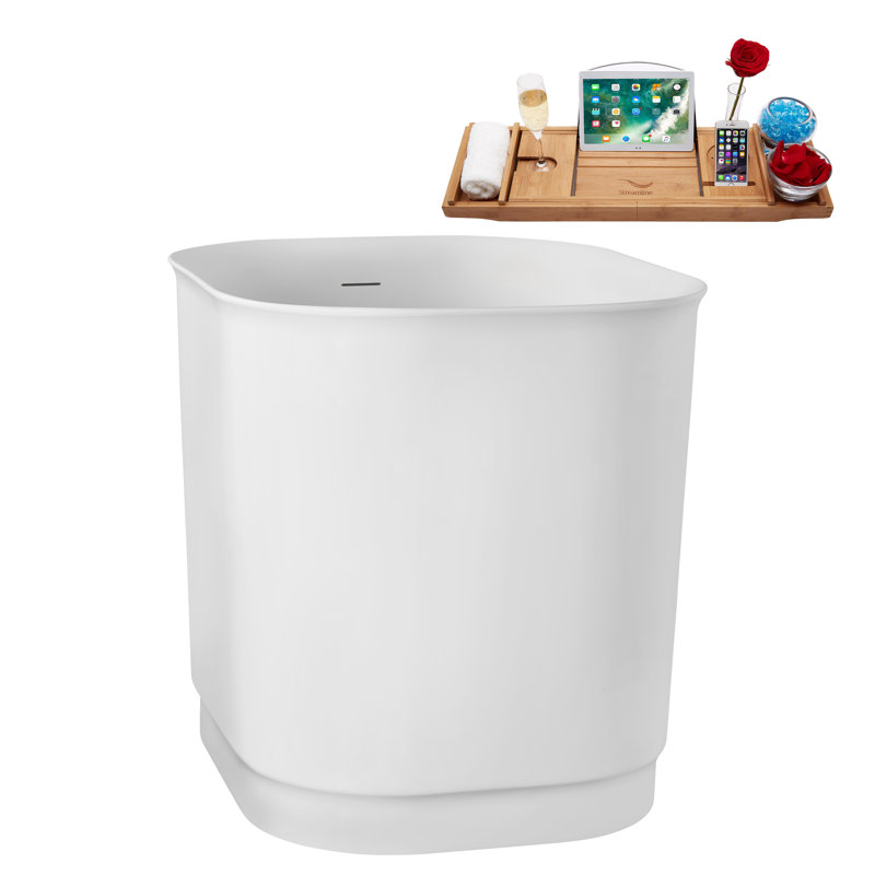 40" Streamline Soaking Glossy White Acrylic Freestanding Bathtub, Bamboo Tray, Drain, Polished Gold