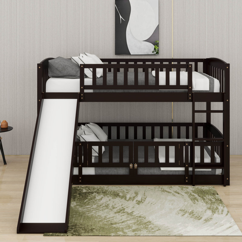 Twin Over Twin Bunk Bed With Fence，Ladder And Slide, Espresso