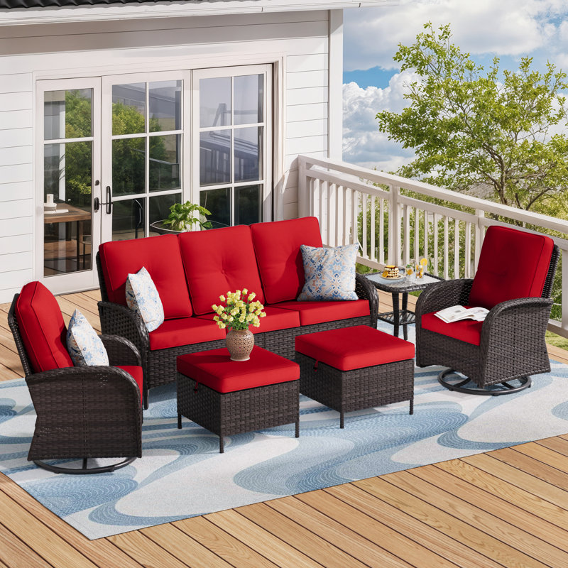 5-Person Outdoor Patio Conversation Rattan Sofa Seating Group With Side Table,2 Swivel Chairs，2 Ottomans and Red Cushions