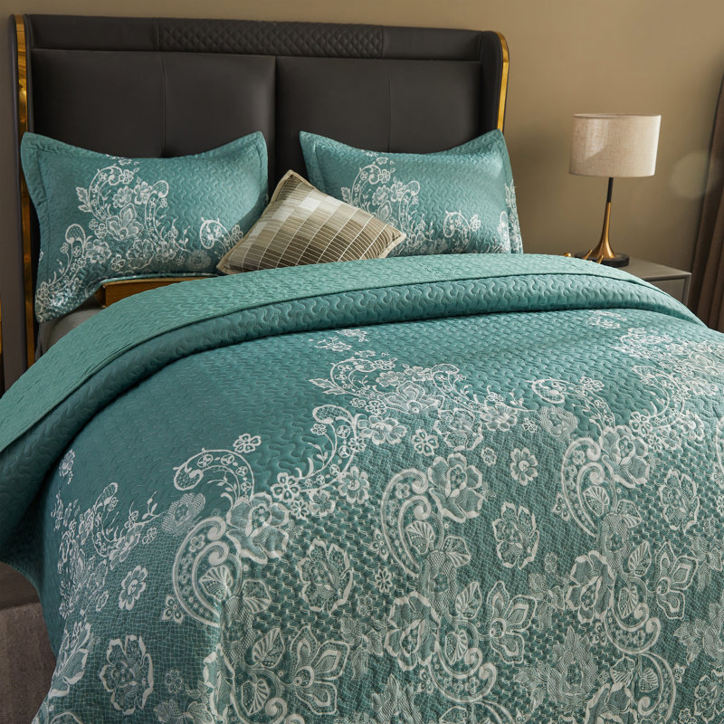 Ensemble de courtepointe Floral, Courtepointe très grand et 2 très grandes taies , Bleu