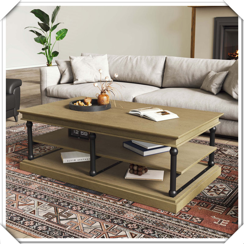 Table basse en bois avec tablettes de rangement ouvertes, salon moderne, fonctionnel, polyvalent et pratique, Noir / brun