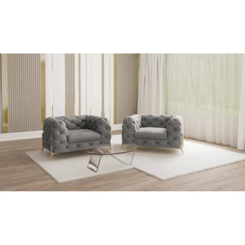 Atoka Chesterfield Armchair with Gold Metal Legs, Grey