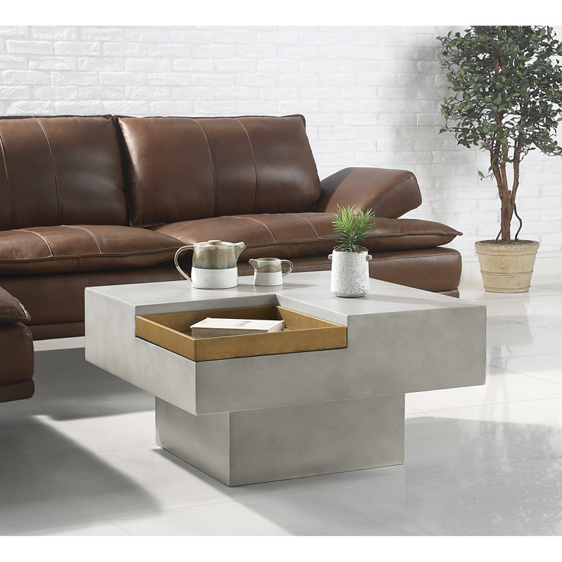 Gray Coffee Table With Cement Construction And Convenient Storage Option Graceful Ample Functionality