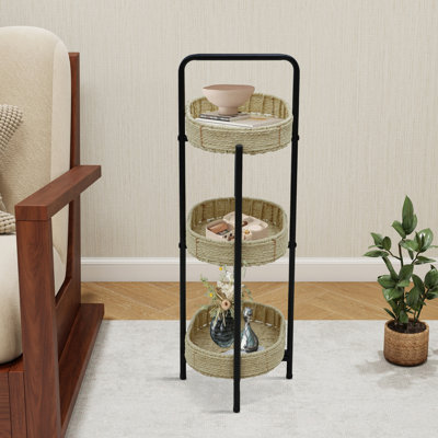 Oval Metal Side Table Plant Stand Or Shelf With 3 Round Removable Paper Rope Trays