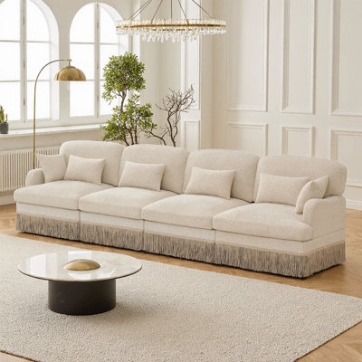 131-Inch Comfy Chenille Leopard Print 4-Seater Modular Sofa With Tassel Edge, Ergonomic Deep Seat Design