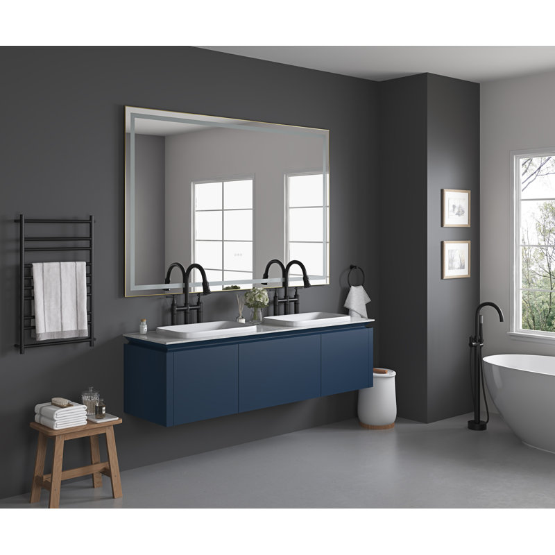 Miroir de salle de bain à DEL avec façade et rétroéclairage, miroir de meuble-lavabo mural avec cadre en aluminium, antibuée, mémoire, 3 couleurs, gradation continue