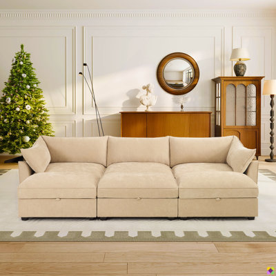 Luna 6-piece 112.6"W Chenille Modular Sectional, Seat Underneath Storage Basket, 3 Storage Ottomans