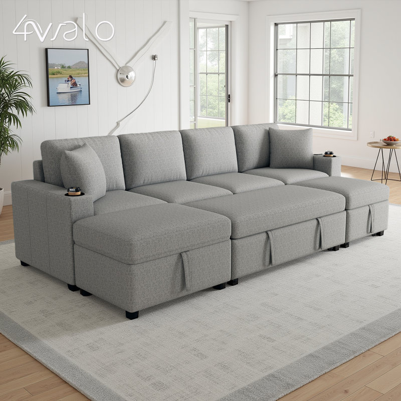Canapé modulaire de 109 po - Canapé-lit convertible avec repose-pieds de rangement et ports USB, Gris