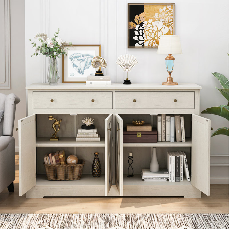 Vintage White Sideboard with Two Drawers and Four Doors for Living Room, Bedroom, and Kitchen, Room Storage Cabinet, Vintage White