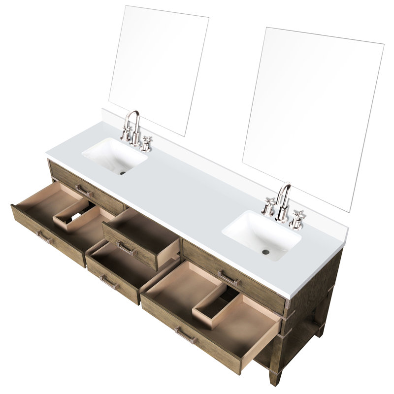 80 po Large meuble-lavabo double large, chêne gris, comptoir en quartz blanc, robinet et 36 miroirs, robinet, meuble-lavabo à finition double scellée à la main