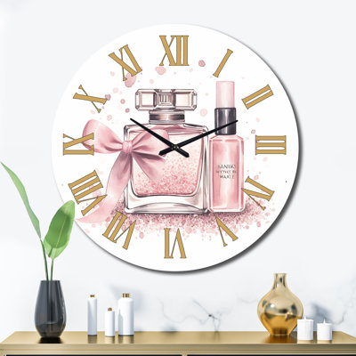 Pink Cosmetics Elegant Make-up Illustration Metal Wall Clock
