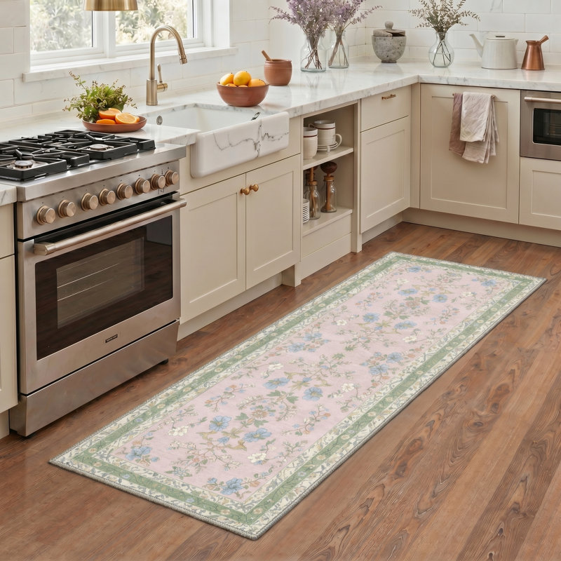 Tapis intérieur rosé / vert / beige Amboy Verdant, lavable à la machine, avec envers antidérapant