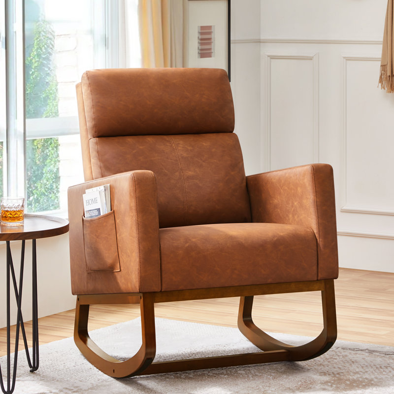 Chaise d'appoint berçante en similicuir avec pieds en bois d'hévéa Lydney, Brun