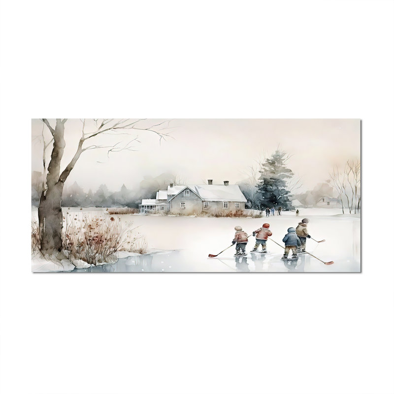 Enfants jouant au hockey en hiver II, Toile tendue, H 28 po x l 60 po x P 1,5 po