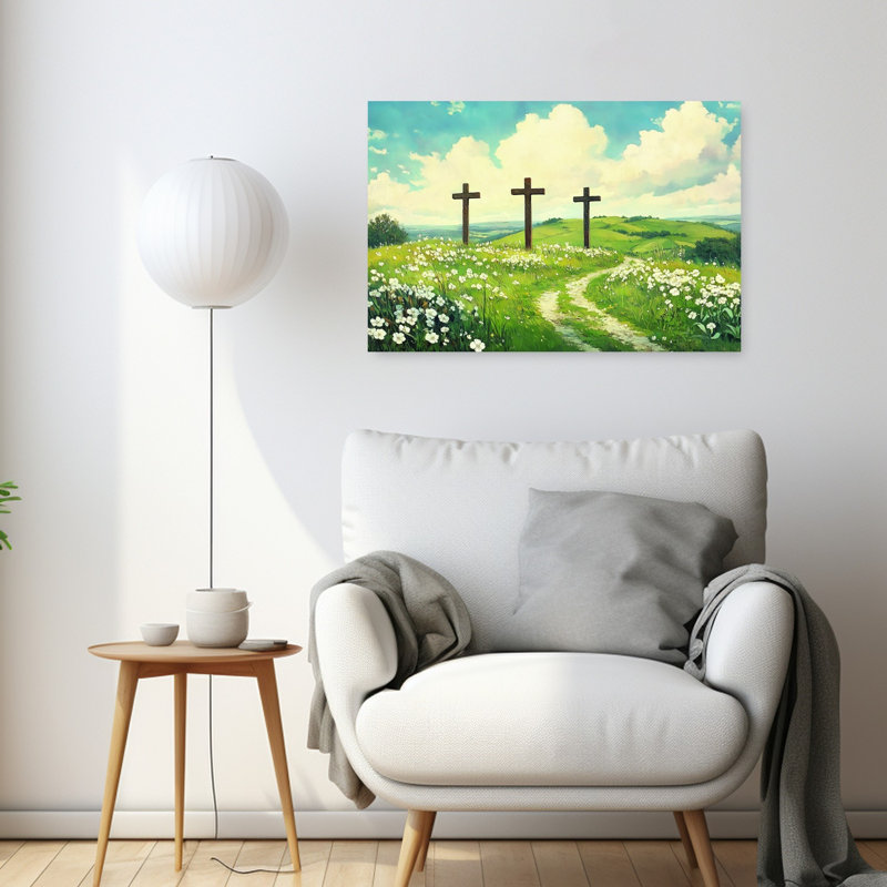 Trois croix en bois, paysage abstrait contemporain, affiche murale représentant la nature, 24" H x 36" W
