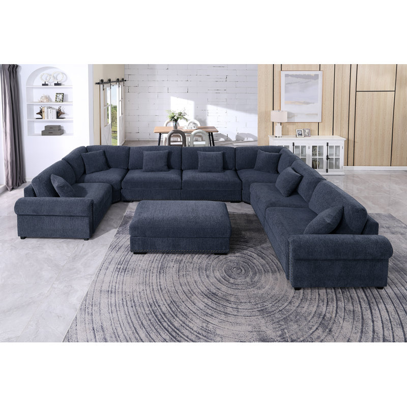 Modular Large 8 Seats Roller Arms Nailheads Cloud Couch Chenille Corner Sectional Sofa, Dark Blue Chenille