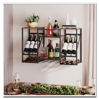 3-Tier Wall Mounted Wine Rack - Rustic Brown & Black With Glass Holder For Home Bar Kitchen by Trent Austin Design