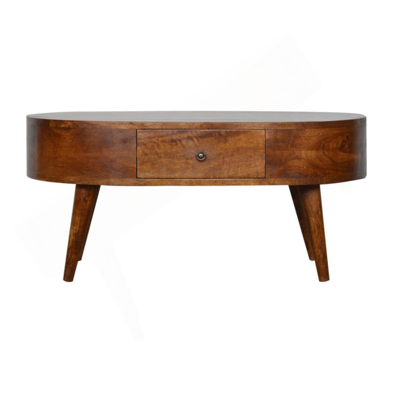 Table basse ronde châtaignier, pieds nordiques, 2 tiroirs, brun