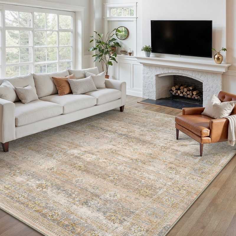 Ladonya Vintage Washable Beige Area Rug with Non-Slip Backing, Rectangle 9' x 12'