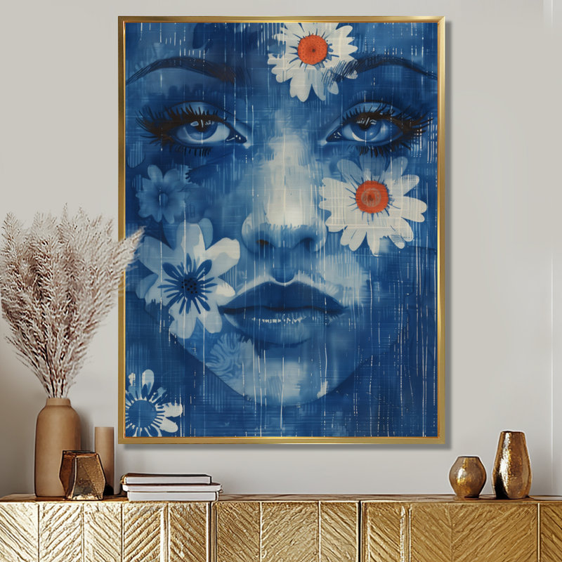 «Blue Boho Woman Portrait II - Woman Boho», reproduction d'art, Cadre flottant doré, H 12 po x l 20 po