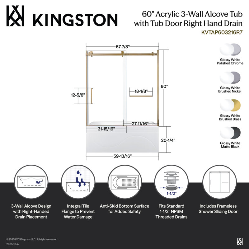 Kingston Brass 60-Inch Acrylic Rectangular 3-Wall Anti-Skid Alcove Tub With Tub Door, Hand Drain, Right, Matte Black
