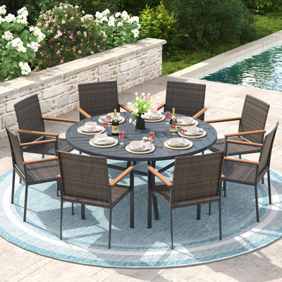 8-Person 60" Round Outdoor Dining Set With Wicker Rattan Chairs
