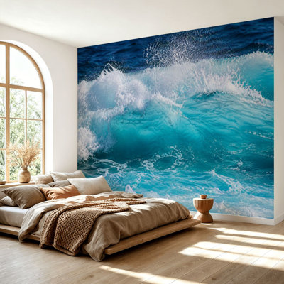 Wall Mural Peel and Stick Wallpaper Dynamic Ocean Wave Splashing Water Vibrant Blue Self-Adhesive Removable Contact Paper Wall Decor for Living Room Bedroom 100"H x 144"W